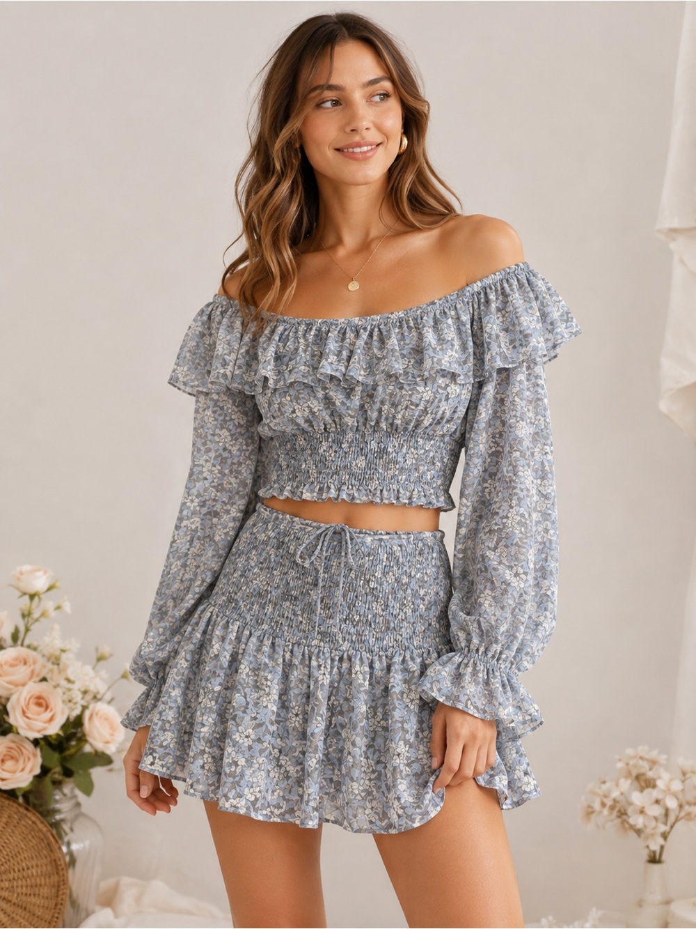 NWOT ILLA ILLA Floral Smocked Crop Top & Ruffle Skirt Set – Gray – Size Small